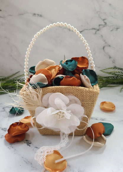 Emerald, Terracotta, gold & beige rose petals in boho flower girl basket for fall wedding aisle decor, flower girl basket, confetti scatter, engagement backdrop photo shoot prop