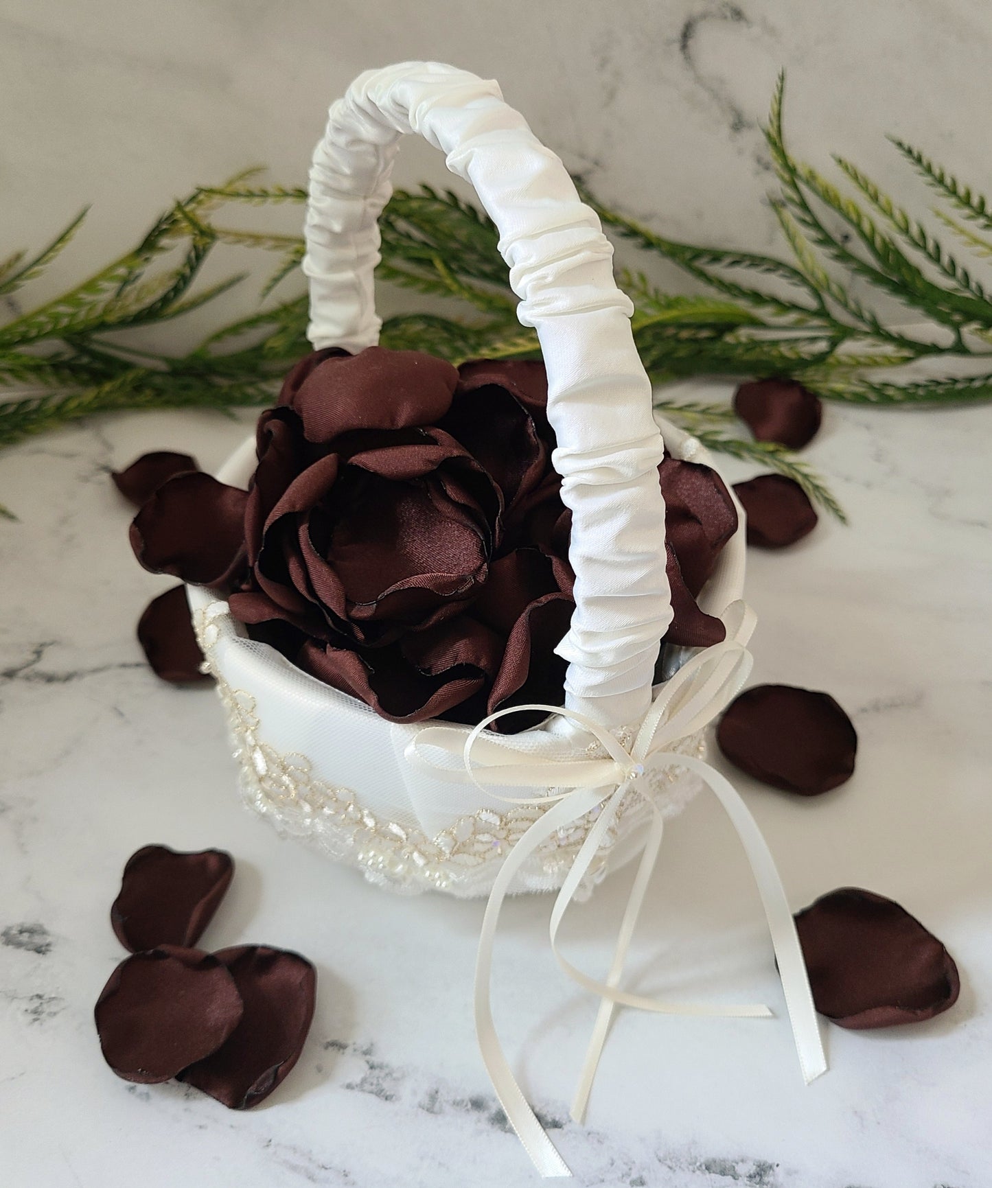 Espresso Brown rose petals in a ivory flower girl baslket