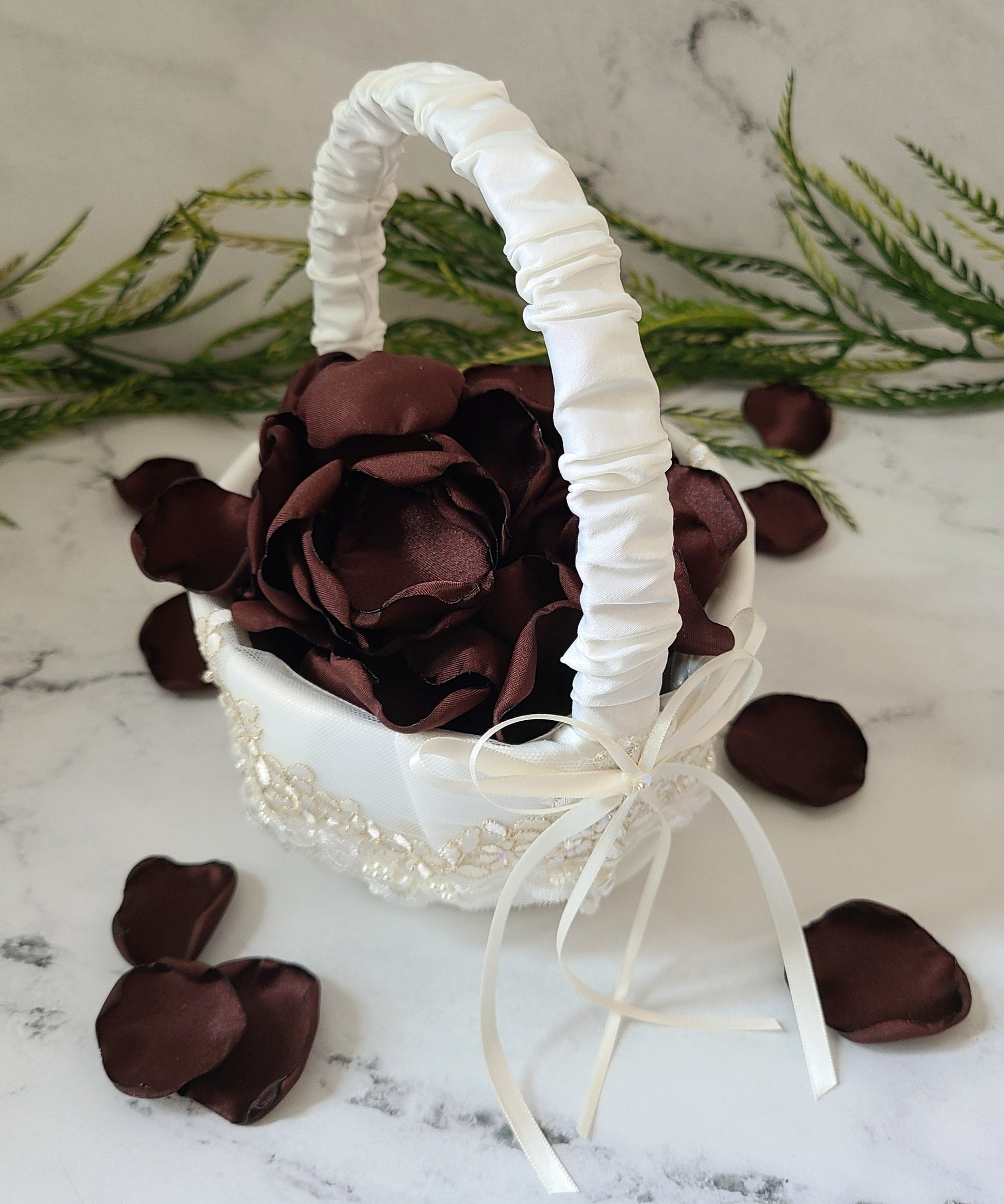 Espresso Brown rose petals in a ivory flower girl baslket