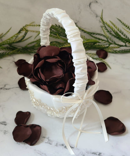Espresso Brown rose petals in a ivory flower girl baslket