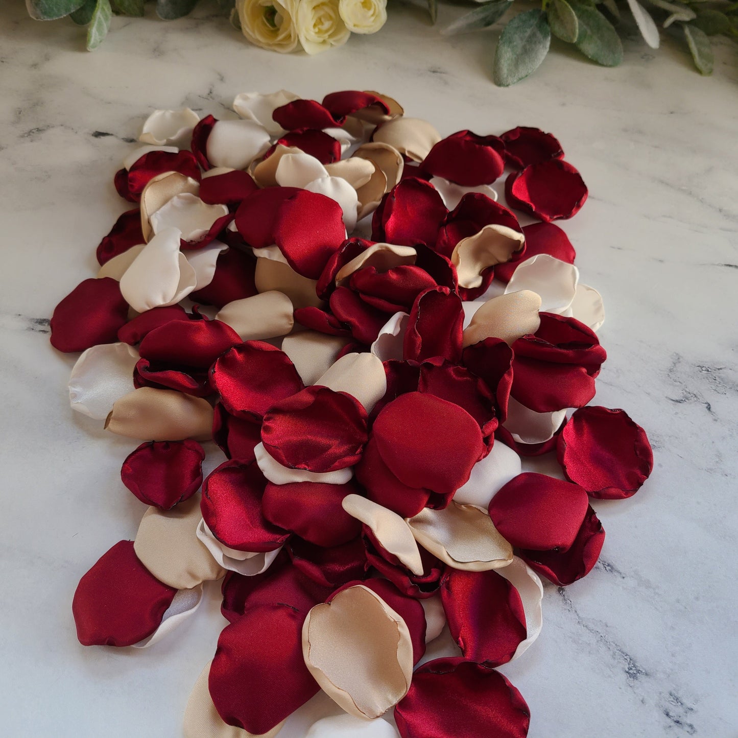 Burgundy, ivory & beige rose petals for wedding aisle decor, flower girl basket, engagement props