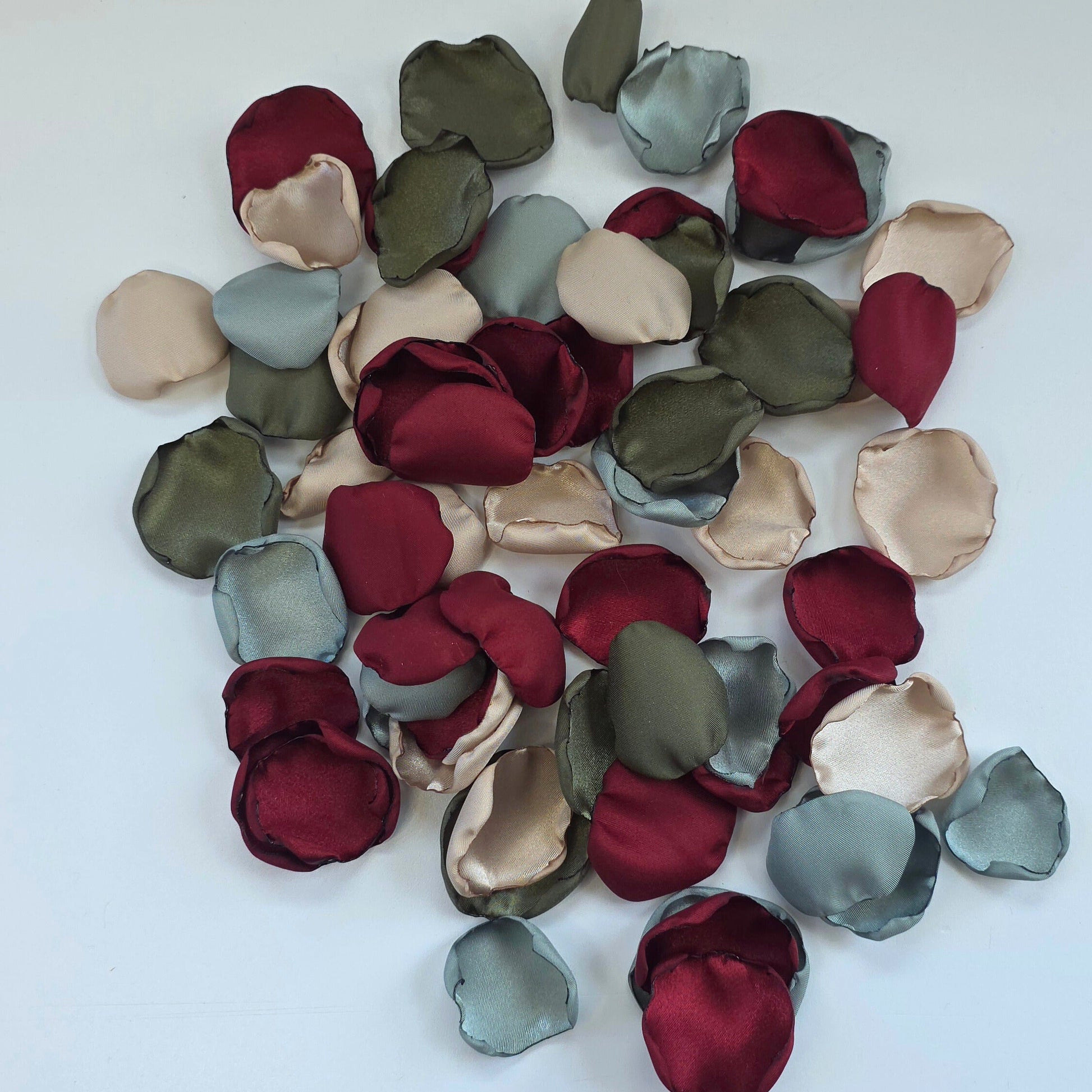 Burgundy, Olive, Beige, Sage Rose Petals for flower girl toss, aisle decor, tablescapes accents. Color Palette Ideas for future bride planning a fall wedding ceremony or bridal shower event.
