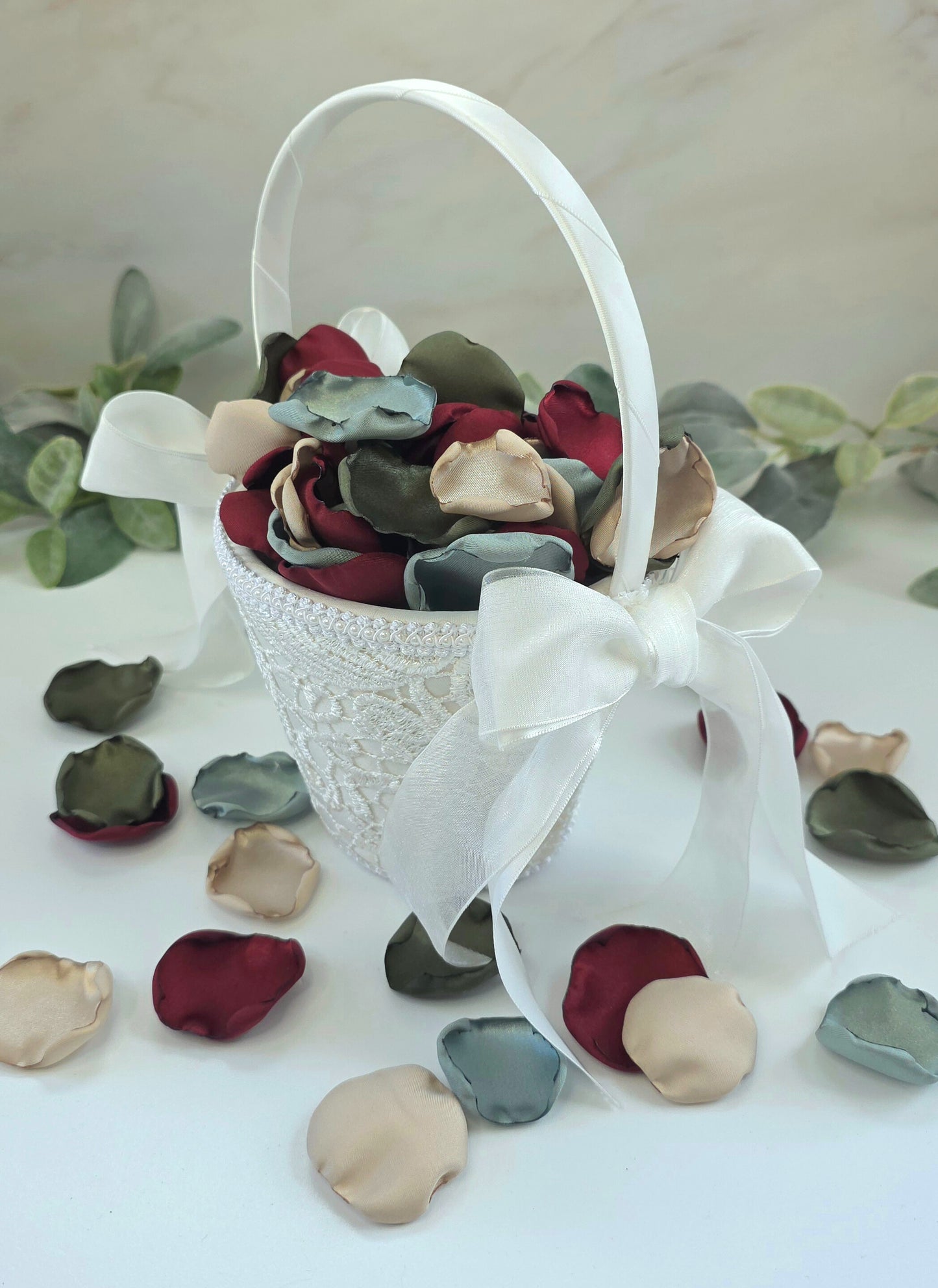 Burgundy, Olive, Beige, Sage Rose Petals in flower girl basket, for flower girl toss, aisle decor, tablescapes accents. Ideas for future bride planning a fall wedding ceremony or bridal shower event.