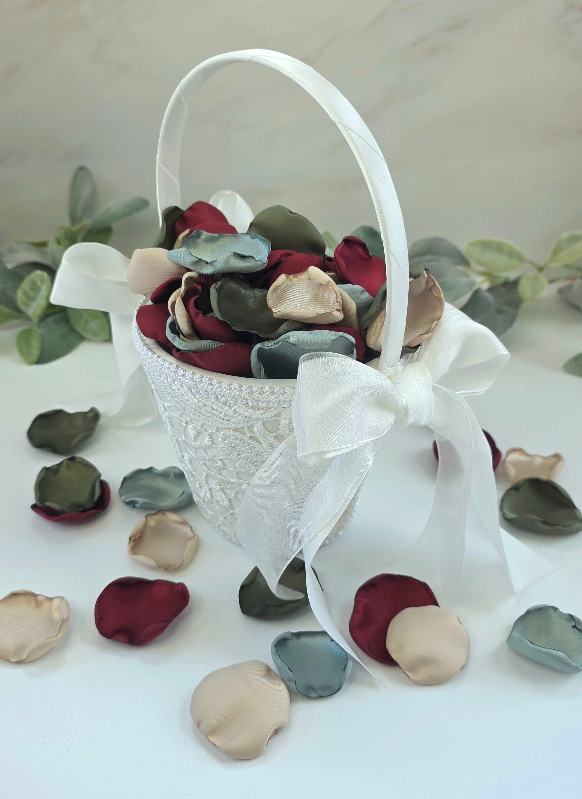 Burgundy, Olive, Beige, Sage Rose Petals in flower girl basket, for flower girl toss, aisle decor, tablescapes accents. Ideas for future bride planning a fall wedding ceremony or bridal shower event.
