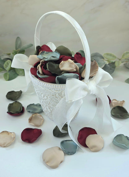 Burgundy, Olive, Beige, Sage Rose Petals in flower girl basket, for flower girl toss, aisle decor, tablescapes accents. Ideas for future bride planning a fall wedding ceremony or bridal shower event.
