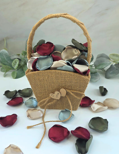 Burgundy, Olive, Beige, Sage Rose Petals in flower girl basket, for flower girl toss, aisle decor, tablescapes accents. Ideas for future bride planning a fall, western wedding ceremony or bridal shower event.