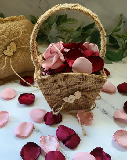 Burgundy Blush Pink rose petals in a western flower girl basket, 