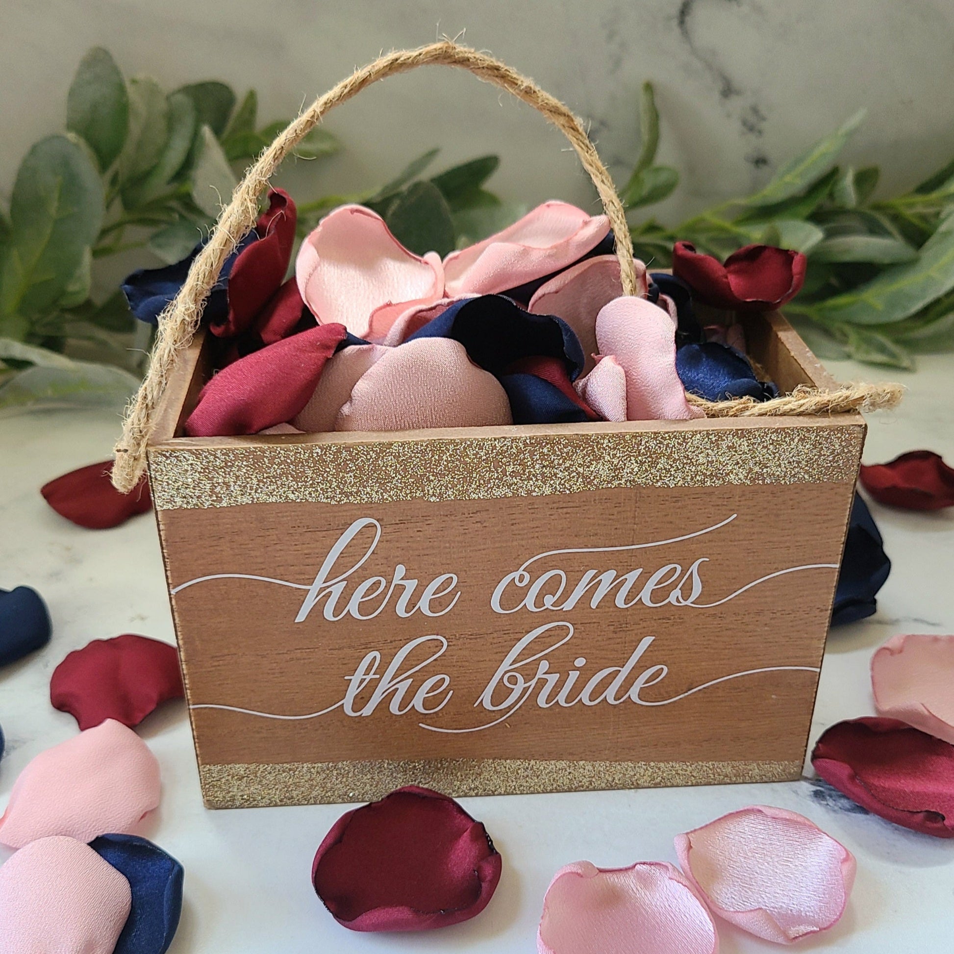 Burgundy, Blush Pink and Navy Rose Petals in a Here Comes the Bride flower girl basket, fall wedding decor