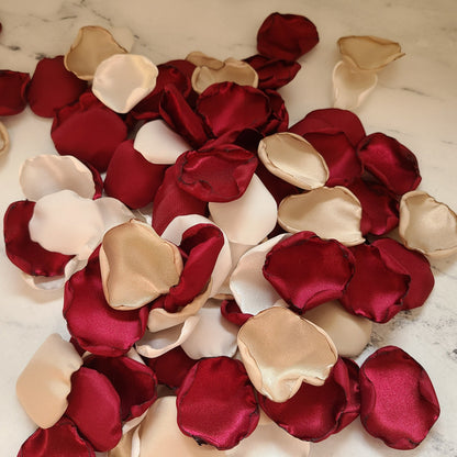 Burgundy, Ivory & Beige rose petals in an Ivory flower girl basket, for fall wedding decor, boho wedding aisle decorations, bridesmaid box, engagement proposal props, wedding table centerpiece decor