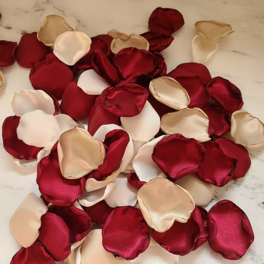 Burgundy, Ivory & Beige rose petals in an Ivory flower girl basket, for fall wedding decor, boho wedding aisle decorations, bridesmaid box, engagement proposal props, wedding table centerpiece decor