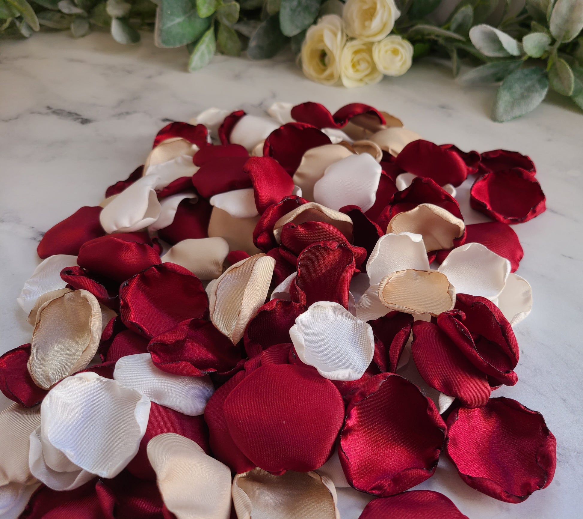 Burgundy, Ivory & Beige rose petals in an Ivory flower girl basket, for fall wedding decor, boho wedding aisle decorations, bridesmaid box, engagement proposal props, wedding table centerpiece decor