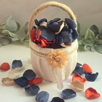 Navy, Stormy Blue, Beige and Burnt Orange rose petals for flower girl baskets, tossing, or aisle decor. Navy and Orange Color palette ideas for future brides planning a western-themed wedding or a fall bridal shower event. Perfect for tablescape scatter, photo flatlays, backdrops props.