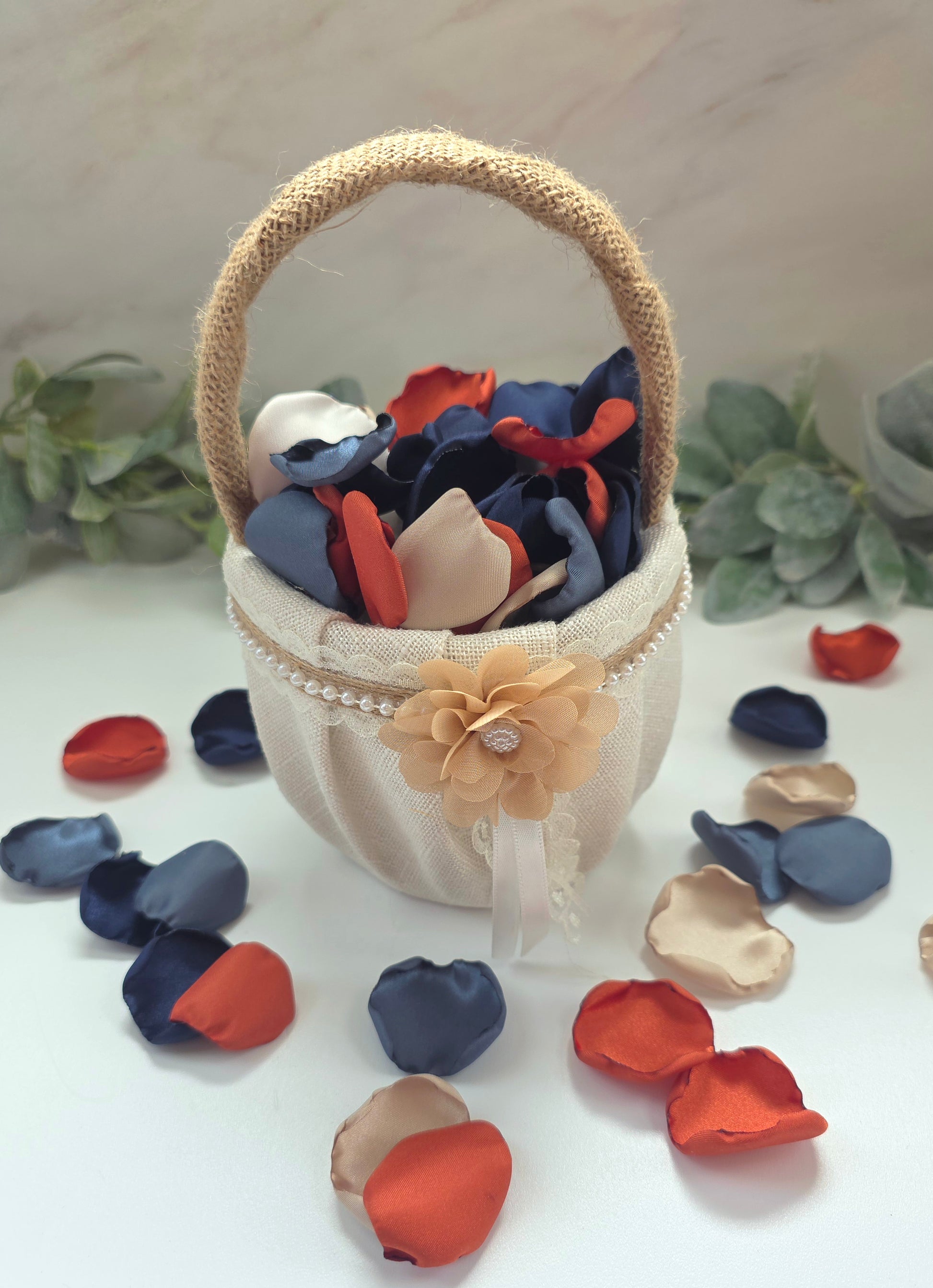 Burnt Orange and Navy blue rose petals in boho flower girl basket orfor flower girl toss, western wedding aisle decor, fall wedding decorations, Perfect for confetti scatter, reception tablescapes, ceremony backdrop accents. Future bride color palette ideas.