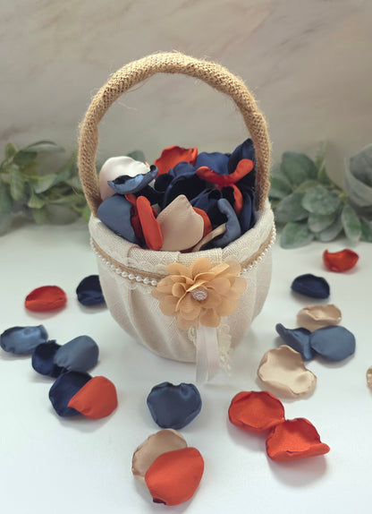 Burnt Orange and Navy blue rose petals in boho flower girl basket orfor flower girl toss, western wedding aisle decor, fall wedding decorations, Perfect for confetti scatter, reception tablescapes, ceremony backdrop accents. Future bride color palette ideas.