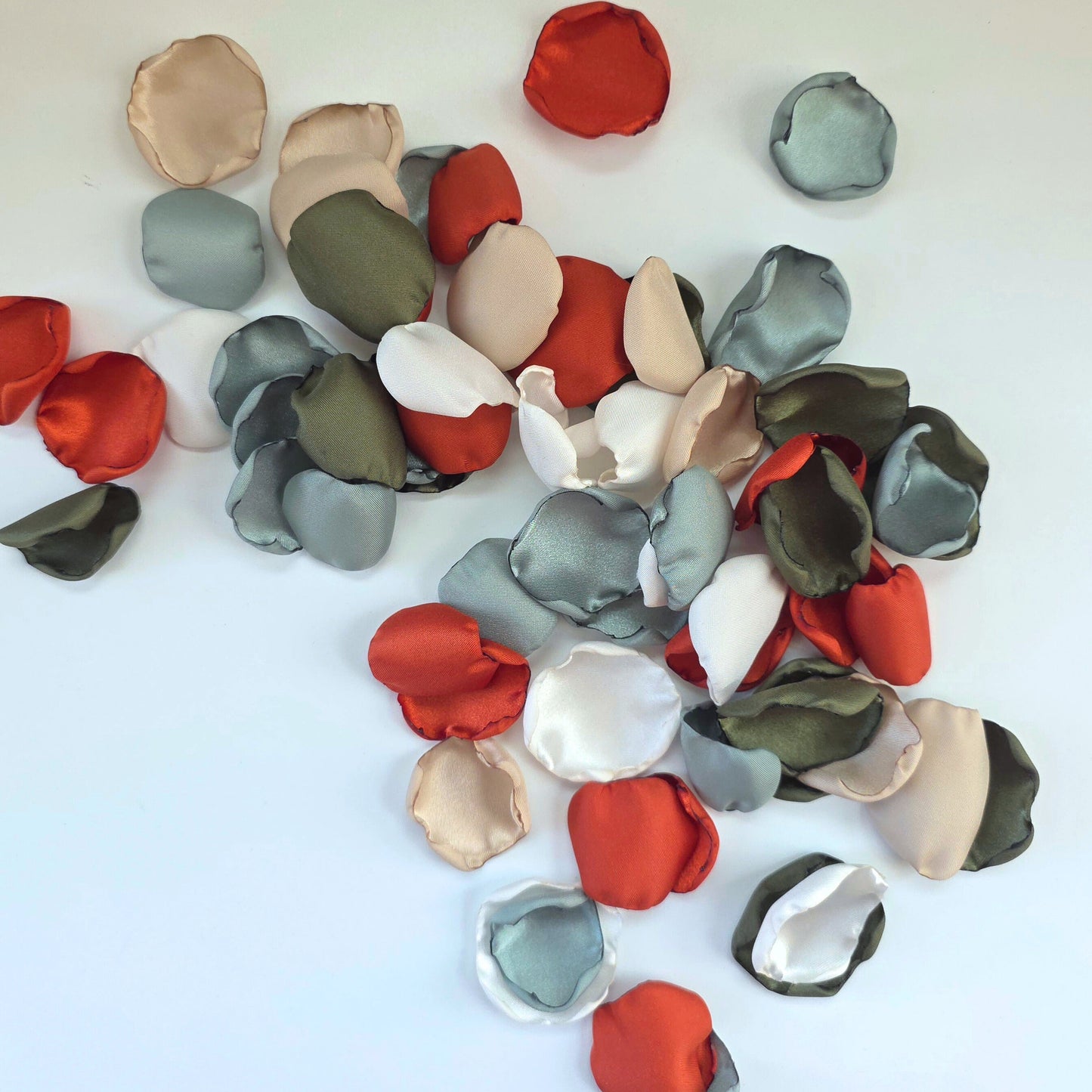 Burnt Orange, Sage, Olive Rose Petals for a fall wedding color scheme. Perfect for flower girl toss, baskets, reception tablescape accents, confetti scatter, photo  backdrop props, aisle decor. Future bride color decor ideas