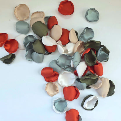 Burnt Orange, Sage, Olive Rose Petals for a fall wedding color scheme. Perfect for flower girl toss, baskets, reception tablescape accents, confetti scatter, photo  backdrop props, aisle decor. Future bride color decor ideas