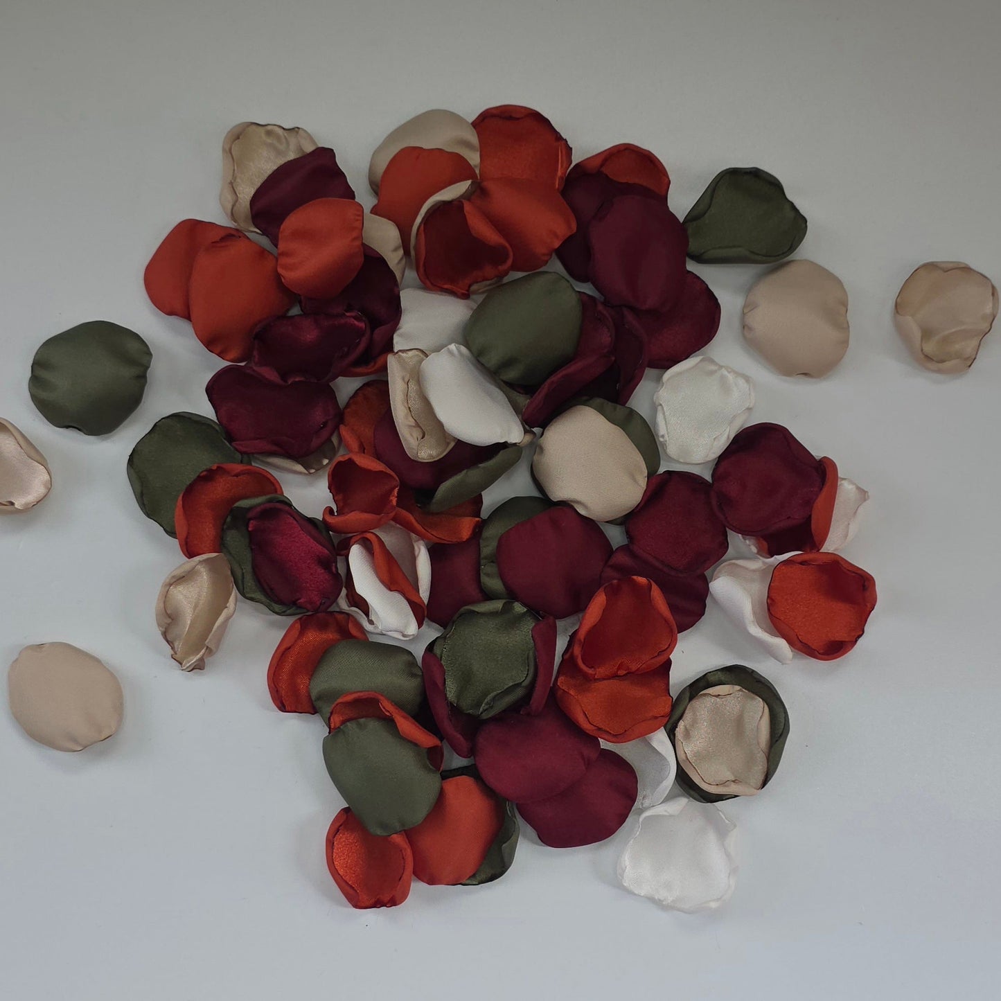 Burnt Orange, Beige, Olive. Burgundy rose petals. Perfect for flower girl tossing, baskets, photo flatlays, table scatter. or aisle decor. Wedding Decor ideas For Future brides planning a fall wedding ceremony or a western inspired bridal shower event.