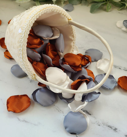 Latte, Ivory, Dusty Blue & Terracotta Rose Petals in creme colored flower girl basket, Wedding Aisle decor