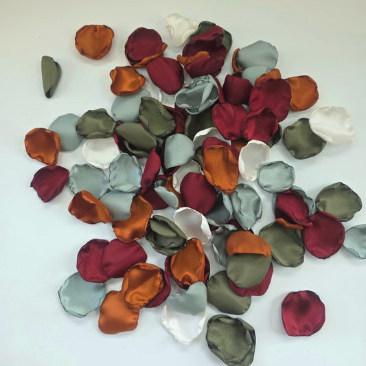 Burnt Orange, Sage, Burgundy, Ivory and Olive rose petals for fall wedding decor ideas, flower girl toss, aisle decor. Ideas for future brides planning a fall, western themed bridal shower or wedding ceremony.