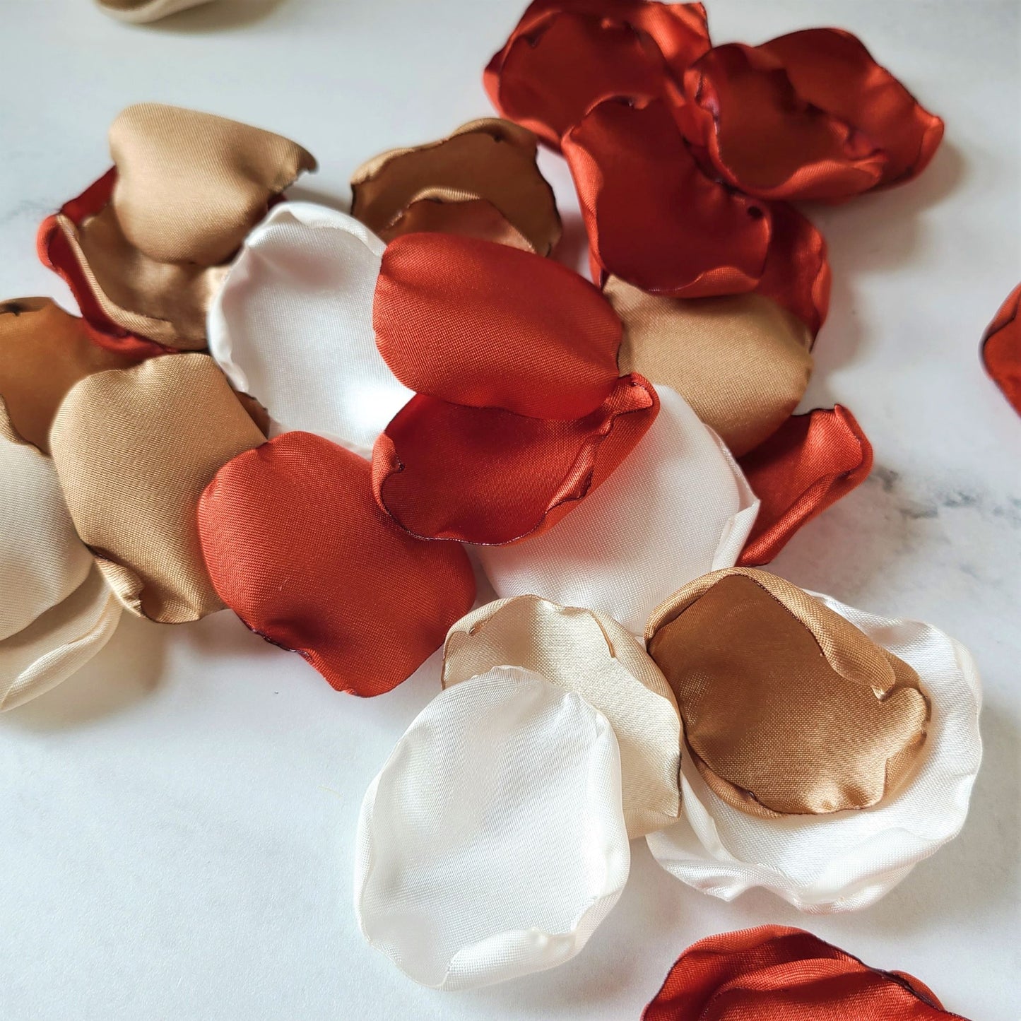 Burnt Orange Beige, Ivory rose petals for wedding aisle decor, tabletop decor. Fall Wedding Decor, Rust and Burnt Orange Rose Petals in White Flower Girl Basket. She Said Yes! Wedding Decor, Flower Girl Petals, table confetti, Ivory flower girl basket, petal patrol box, rustic, western wedding deocrations, We Do BBQ
