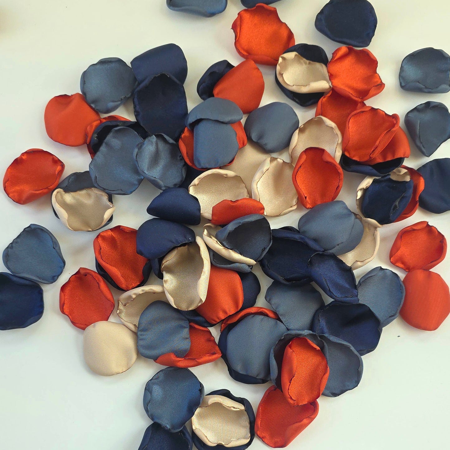 Navy, Stormy Blue, Beige and Burnt Orange rose petals for flower girl baskets, tossing, or aisle decor. Navy and Orange Color palette ideas for future brides planning a western-themed wedding or a fall bridal shower event. Perfect for tablescape scatter, photo flatlays, backdrops props.