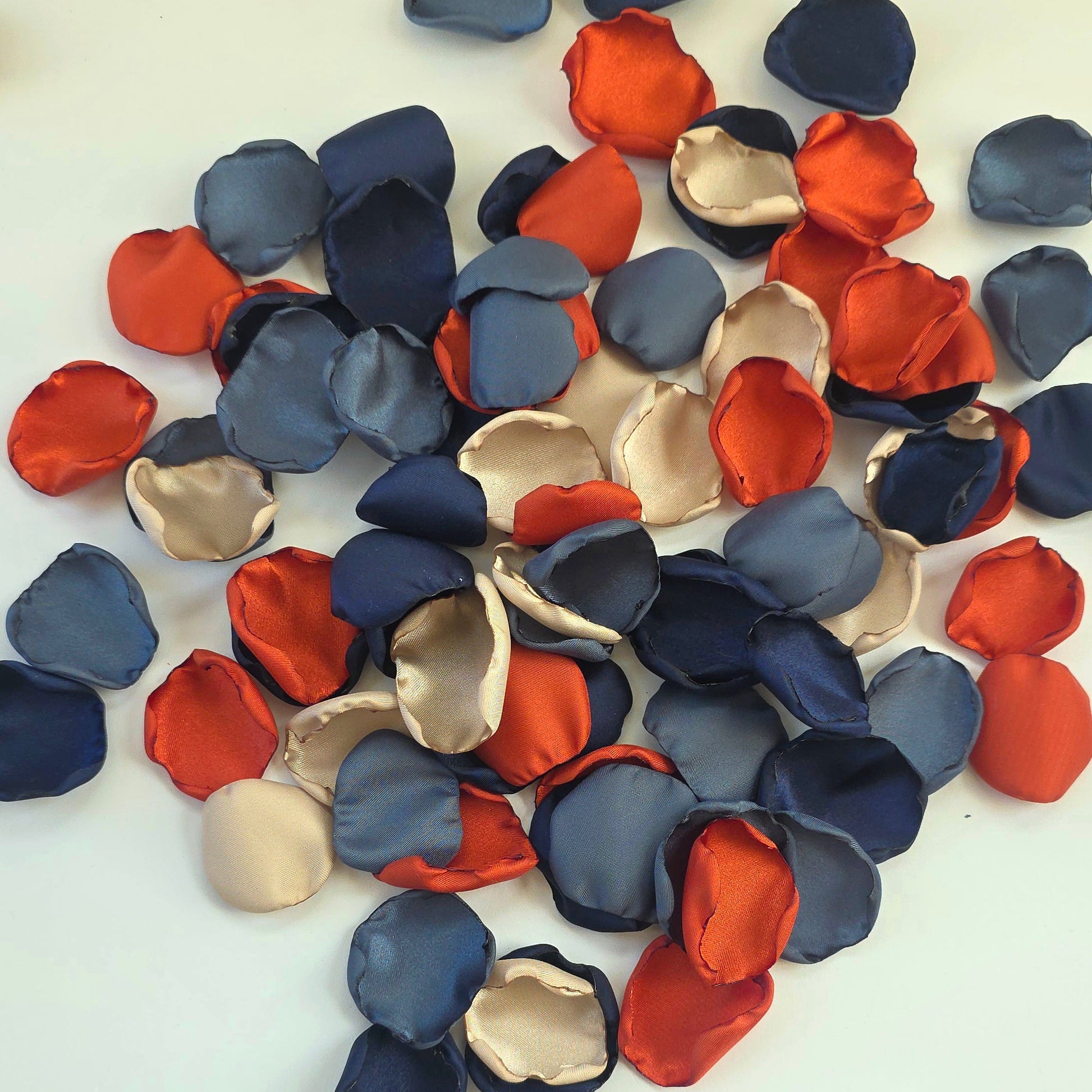 Navy, Stormy Blue, Beige and Burnt Orange rose petals for flower girl baskets, tossing, or aisle decor. Navy and Orange Color palette ideas for future brides planning a western-themed wedding or a fall bridal shower event. Perfect for tablescape scatter, photo flatlays, backdrops props.