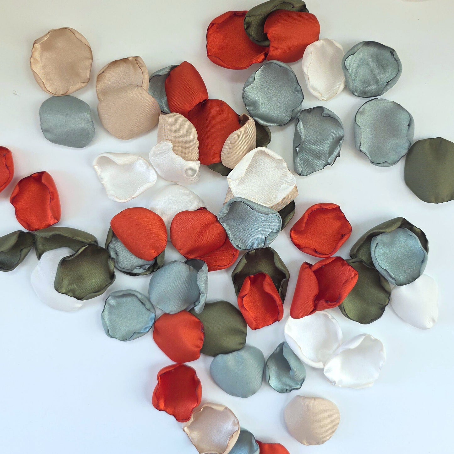 Burnt Orange, Sage, Olive Rose Petals for a fall wedding color scheme. Perfect for flower girl toss, baskets, reception tablescape accents, confetti scatter, photo  backdrop props, aisle decor. Future bride color decor ideas
