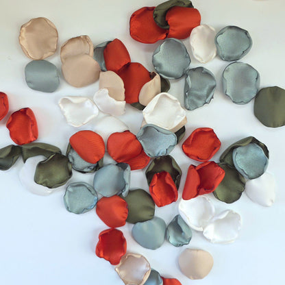 Burnt Orange, Sage, Olive Rose Petals for a fall wedding color scheme. Perfect for flower girl toss, baskets, reception tablescape accents, confetti scatter, photo  backdrop props, aisle decor. Future bride color decor ideas