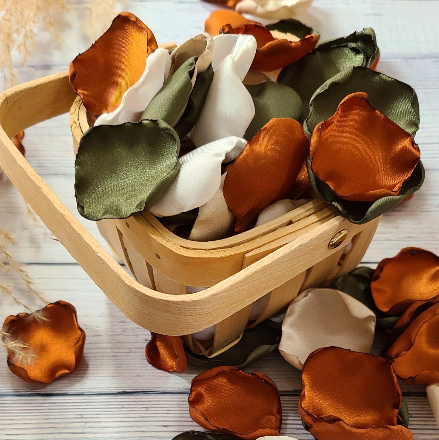 Olive green, terracotta, burnt orange, ivory and beige rose petals for flower girl basket. fall wedding aisle decor, alter backdrop, confetti scatter, proposal props