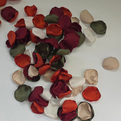 Burnt Orange, Beige, Olive. Burgundy rose petals. Perfect for flower girl tossing, baskets, photo flatlays, table scatter. or aisle decor. Wedding Decor ideas For Future brides planning a fall wedding ceremony or a western inspired bridal shower event.
