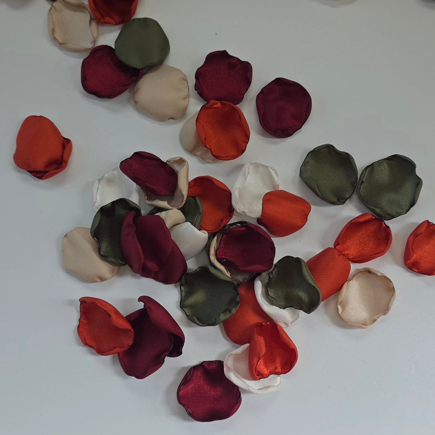 Burnt Orange, Beige, Olive. Burgundy rose petals. Perfect for flower girl tossing, baskets, photo flatlays, table scatter. or aisle decor. Wedding Decor ideas For Future brides planning a fall wedding ceremony or a western inspired bridal shower event.