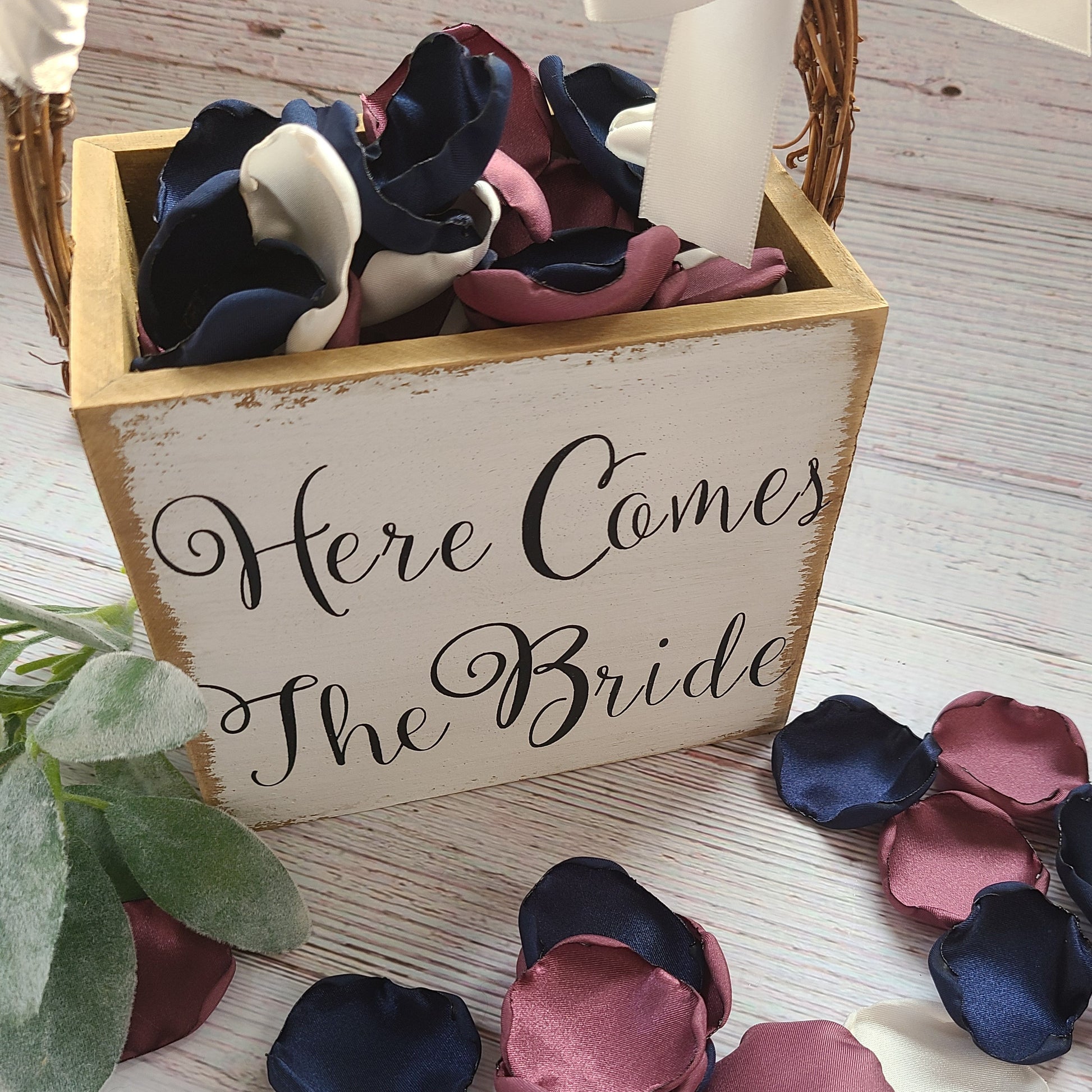 Chianti and Navy Rose Petals in Here Comes the Bride Flower Girl Basket