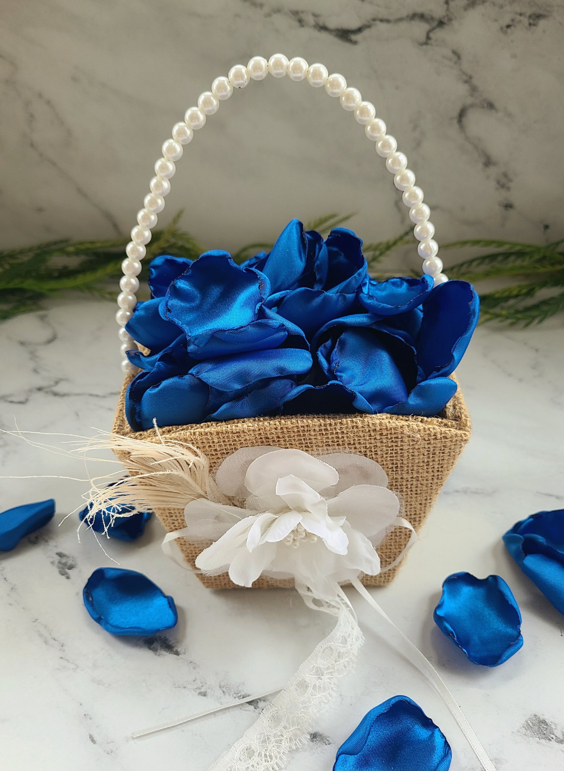 Colbalt Blue Rose Petals in Boho Rustic flower girl basket