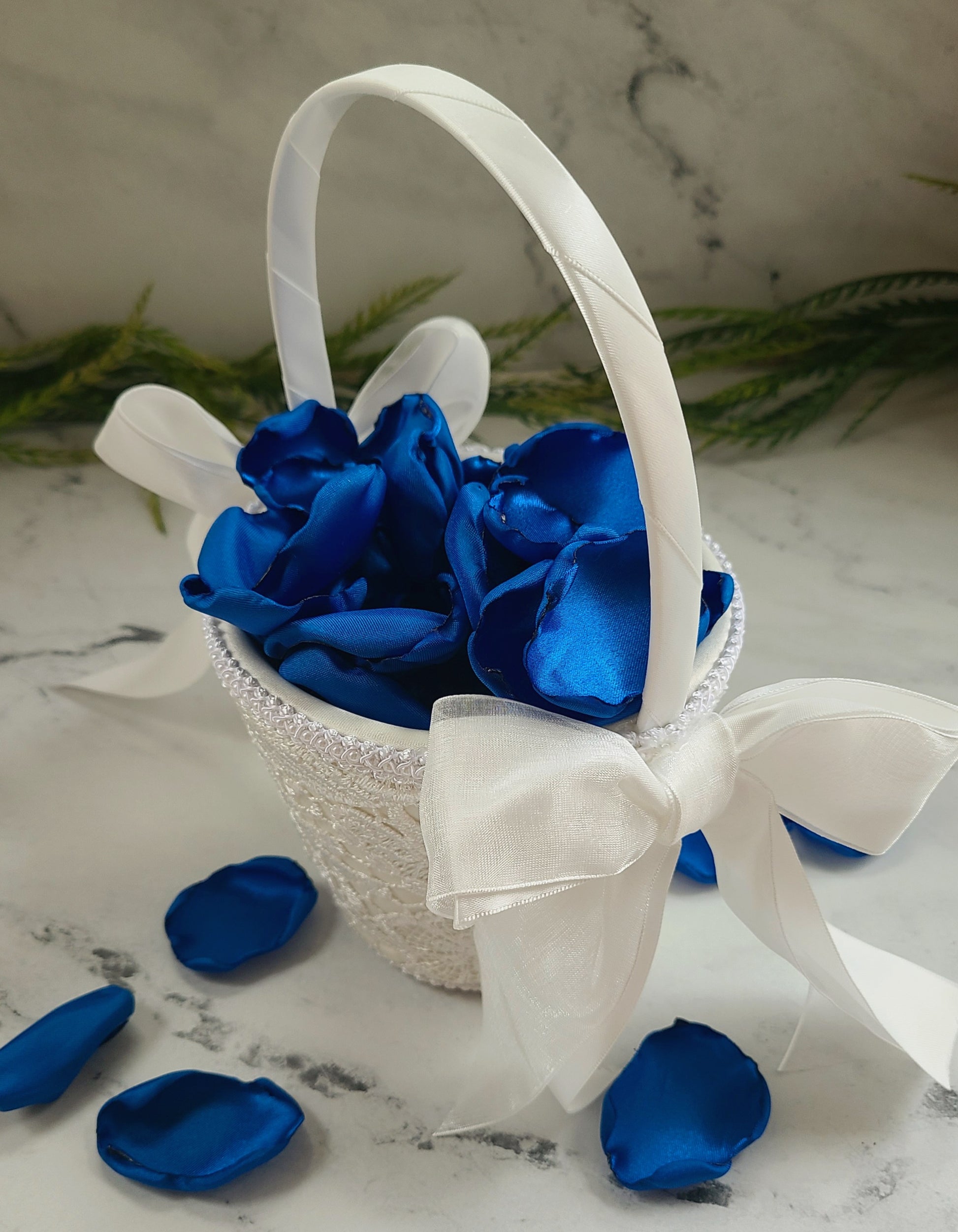 Colbalt, Royal Blue Rose petals in Ivory flower girl basket, table confetti, aisle decorations