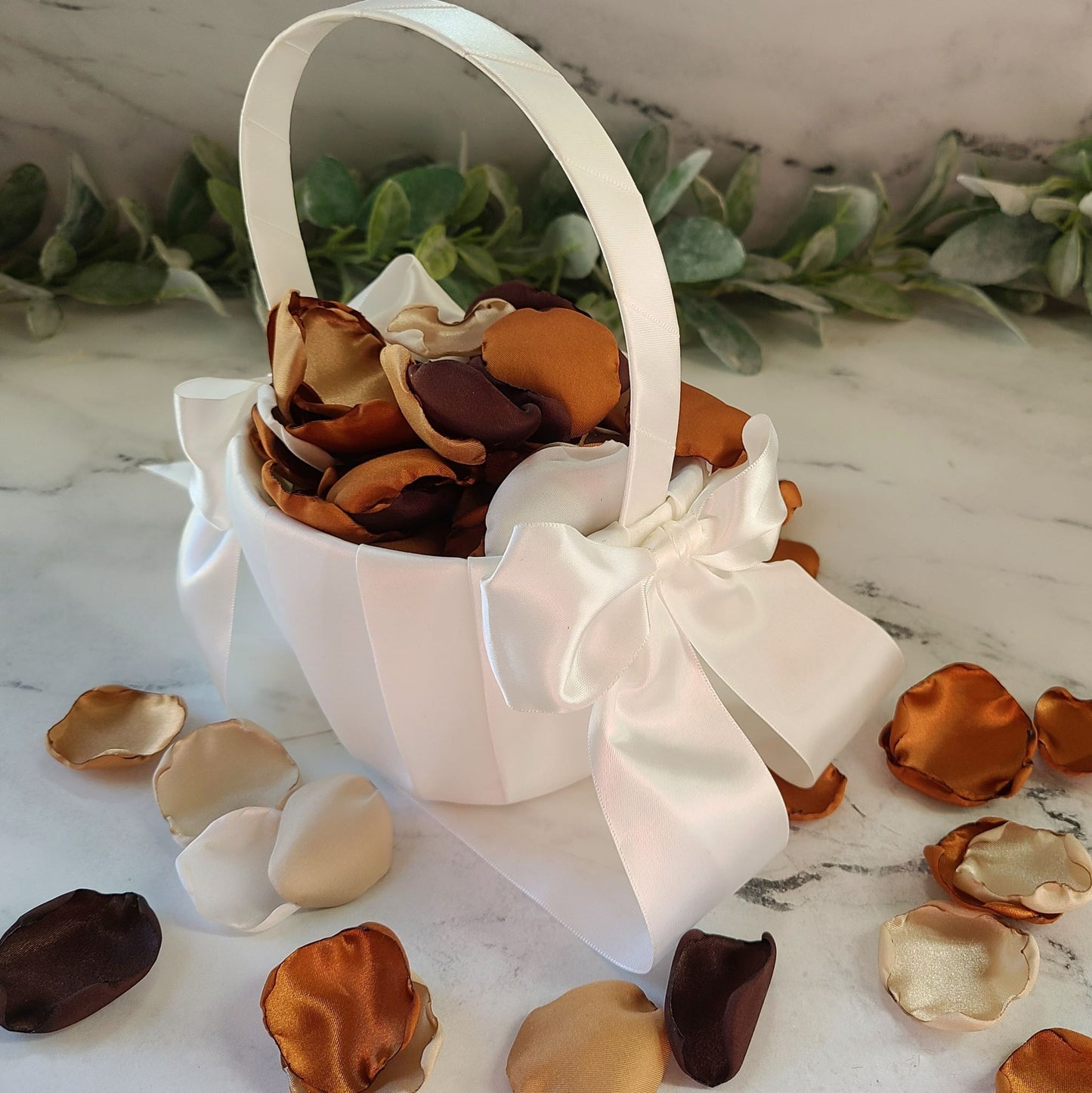 Copper, Brown, Ivory, Taupe and Beige Rose Petals in White Flower Girl Basket 