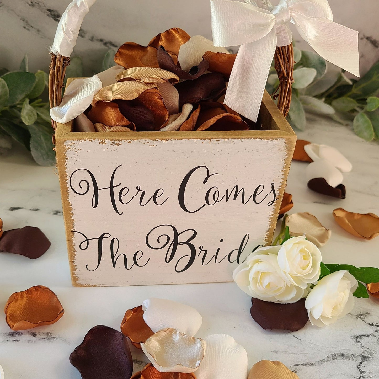 Copper, Brown, Ivory, Taupe and Beige Rose Petals in Here Comes the Bride Flower Girl Basket