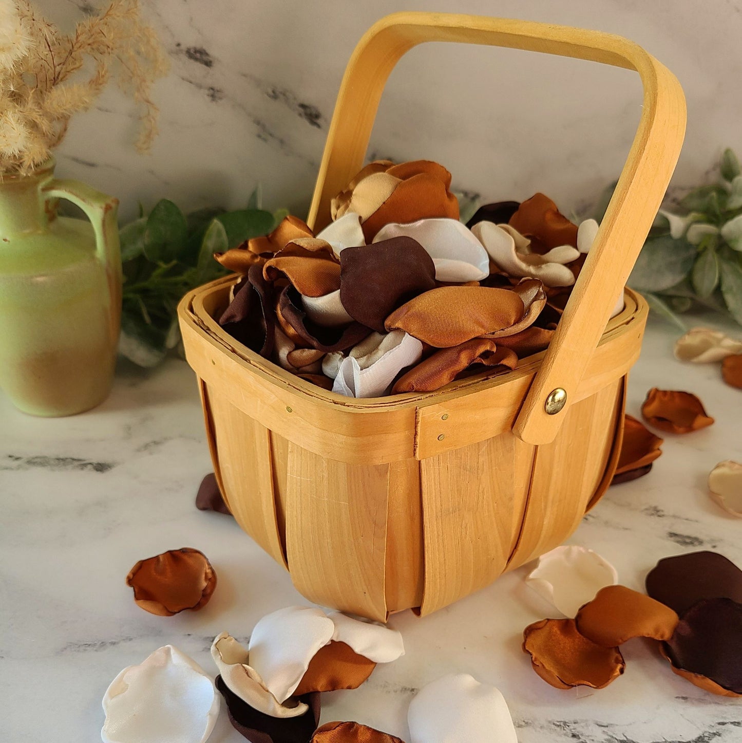 Copper, Brown, Ivory, Taupe and Beige Rose Petals in Rustic Flower Girl Basket 