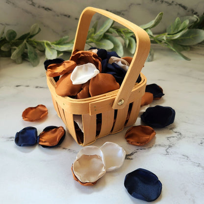 Rustic Wedding Flower Girl Basket with Navy and Copper Rose Petals