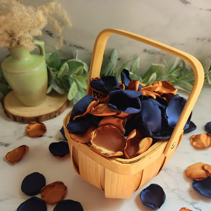 Terracotta and Navy rose petals in Rustic flower girl basket