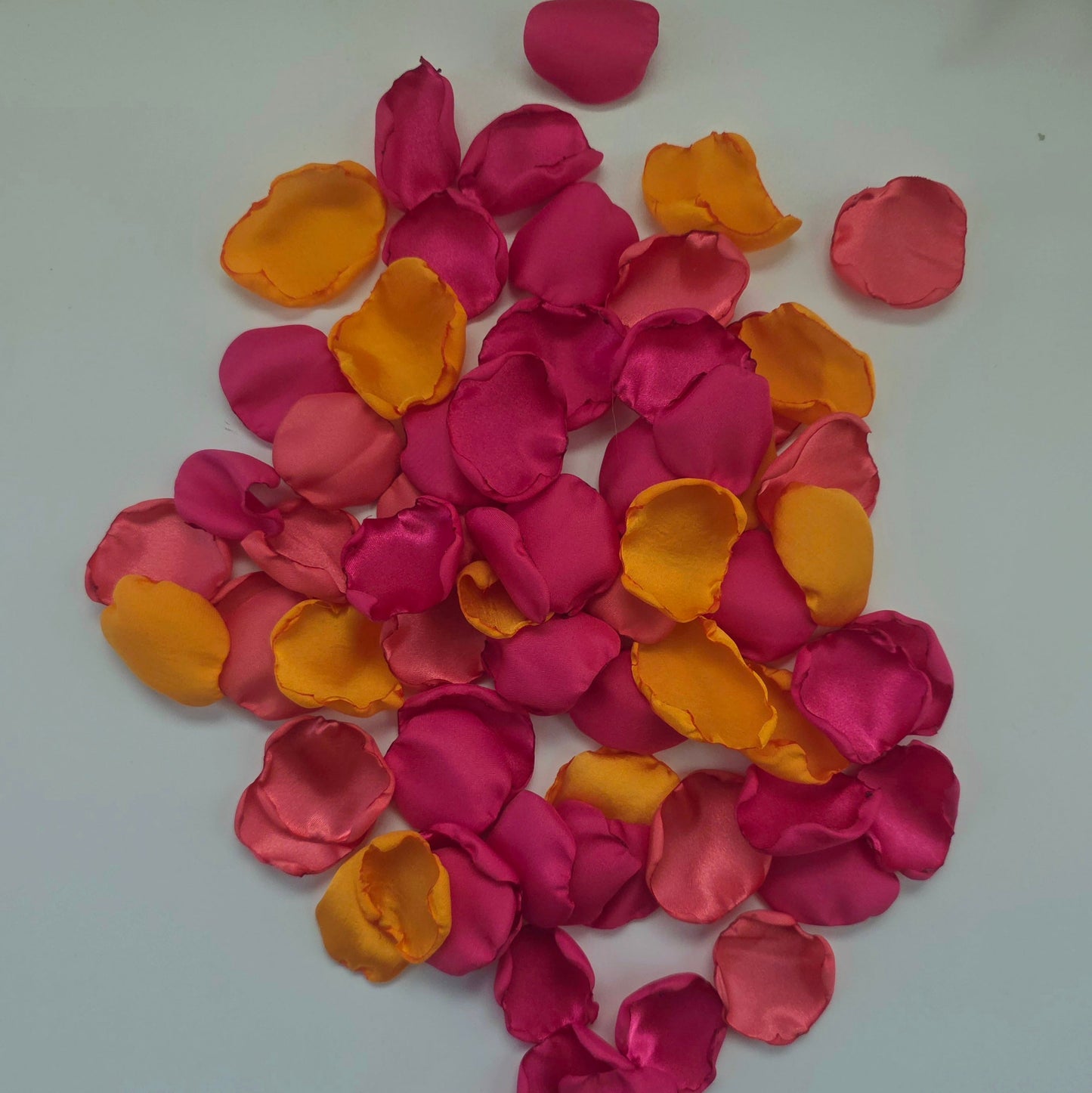 Fuchsia, coral and tangerine orange rose petals for flower girl tossing, whimsical wedding aisle decor, tablescape accents, Sunset wedding colorful confetti scatter, future bride ideas