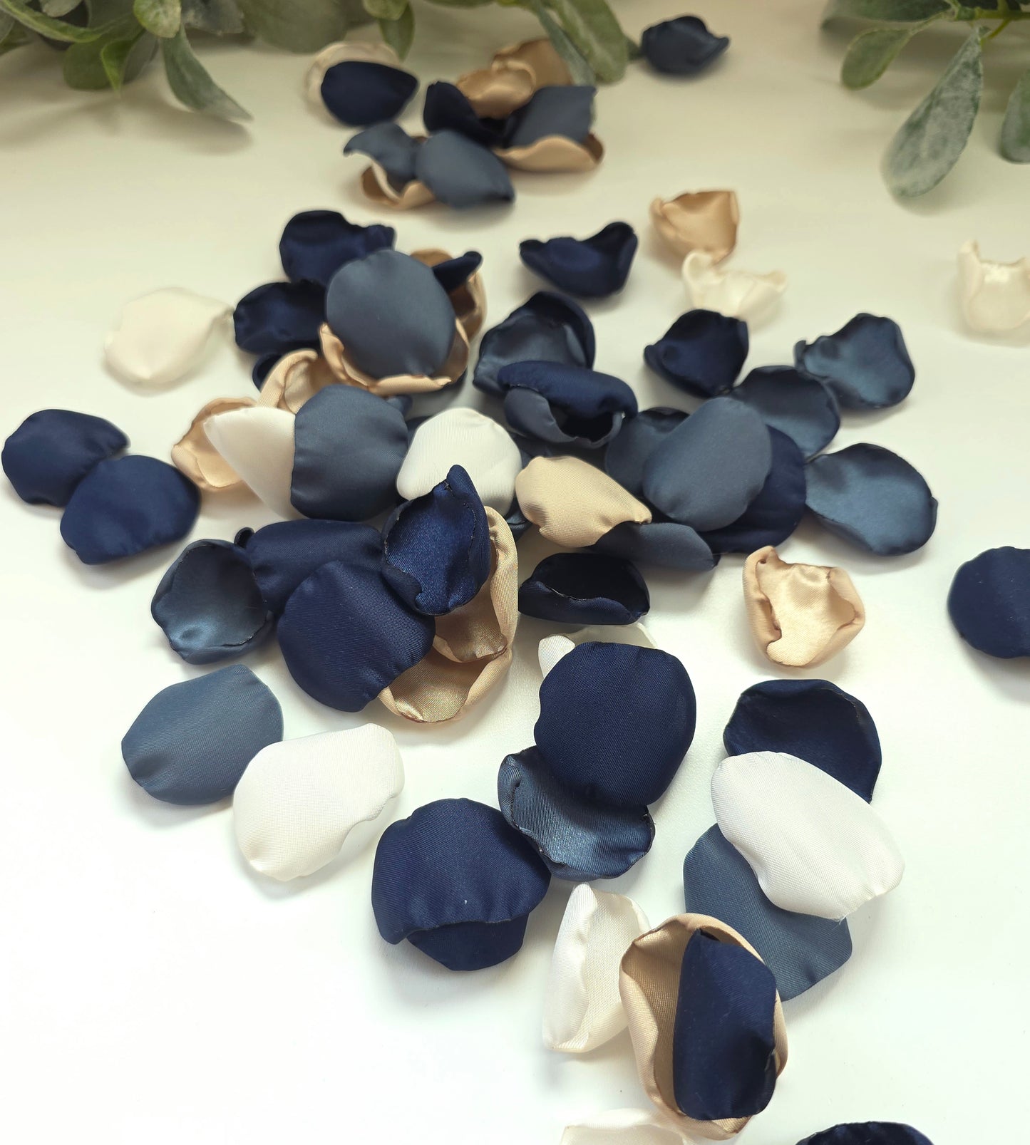 Navy, Stormy Blue, Beige, and Ivory Rose Petals, Fall Wedding Color