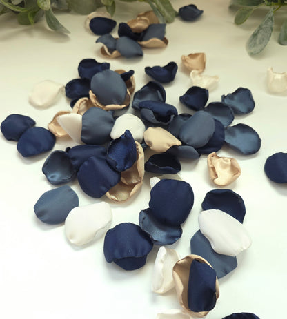 Navy, Stormy Blue, Beige, and Ivory Rose Petals, Fall Wedding Color