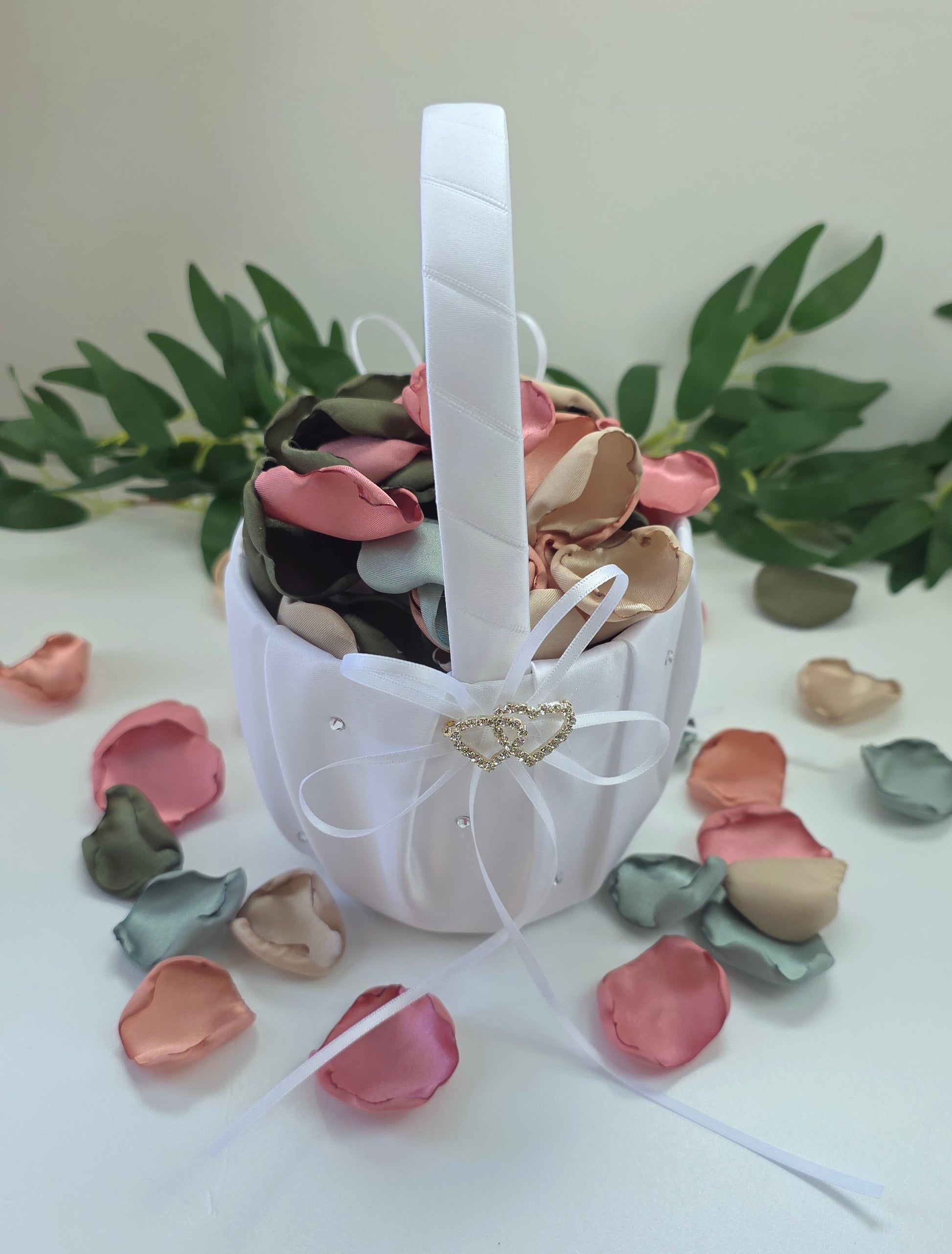 Dusty Rose Pink, Olive, beige Sage rose petals in white flower girl basket, for flower girl toss, aisle decor.  Future bride boho western color palette ideas. Use on reception tablescape, confetti scatter or fall wedding decor 