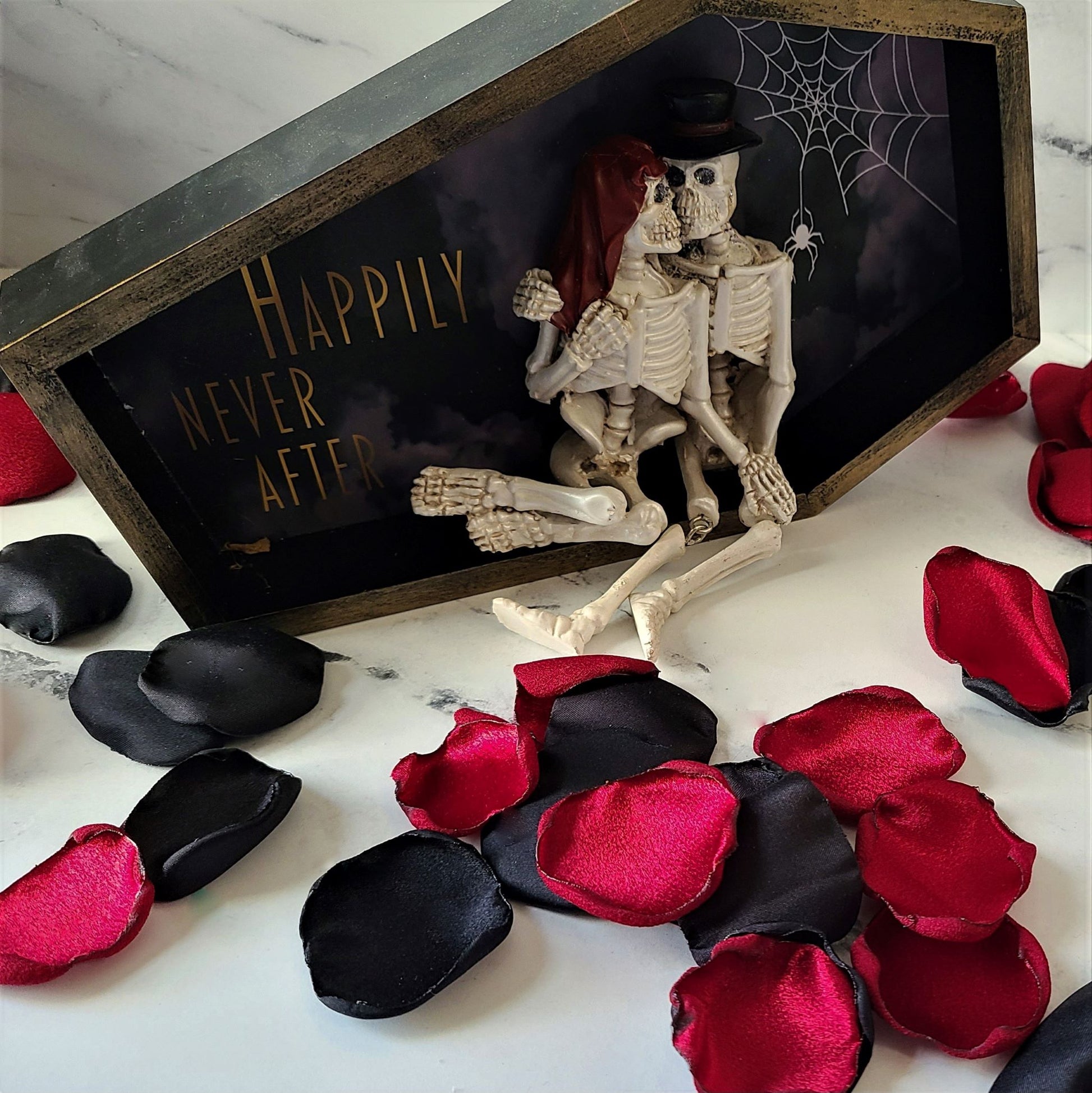 Happily Ever After  dark Red and Black Rose Petals, Dark Red and Black Rose Petals for Goth Wedding Decor, flower girl baskets, confetti scatter, halloween party decor, gothic bridal shower decorations, 