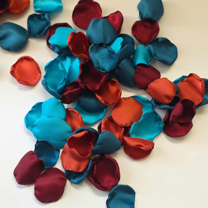 Dark and light Teal, Burgundy, Burnt Orange & beige rose petals for flower girl toss, baskets, table scatter, flatlays or wedding aisle decor. Perfect for future brides planning a fall jewel toned wedding, or a She's tying the Knot bridal shower event. 