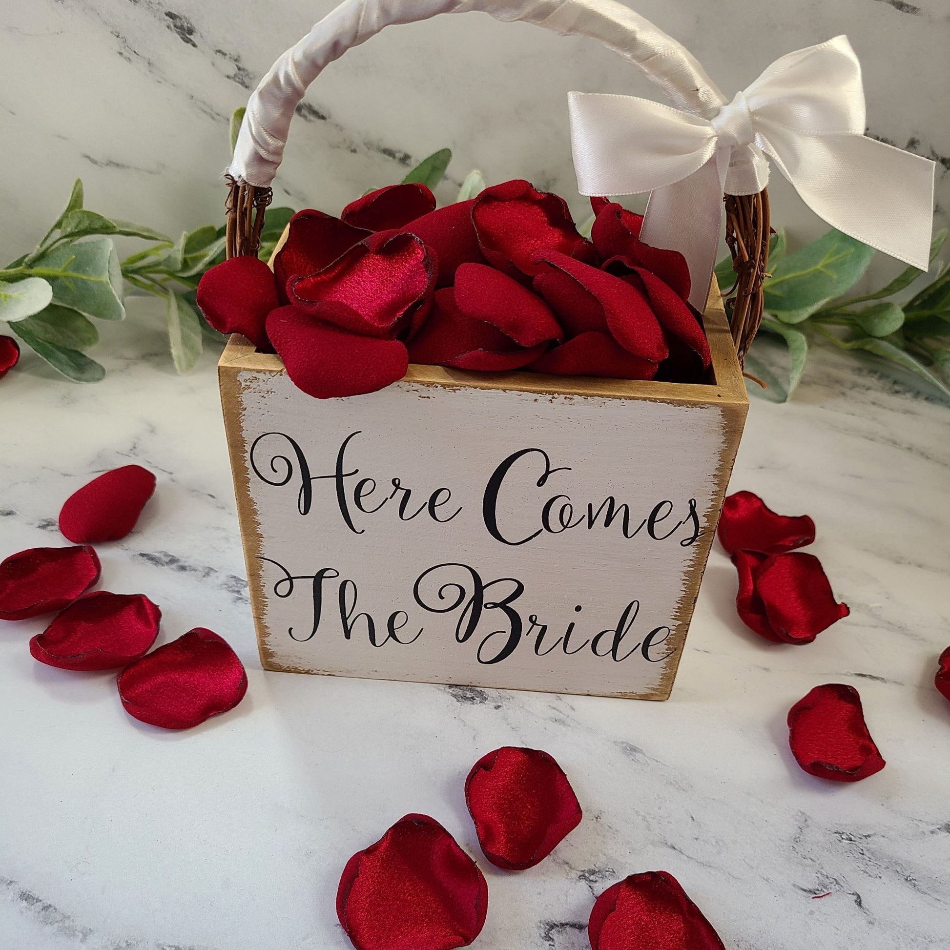 Here Comes the Bride Flower Girl Basket and Red Rose Petals for Valentine wedding, date night romantic ideas, wedding aisle decor