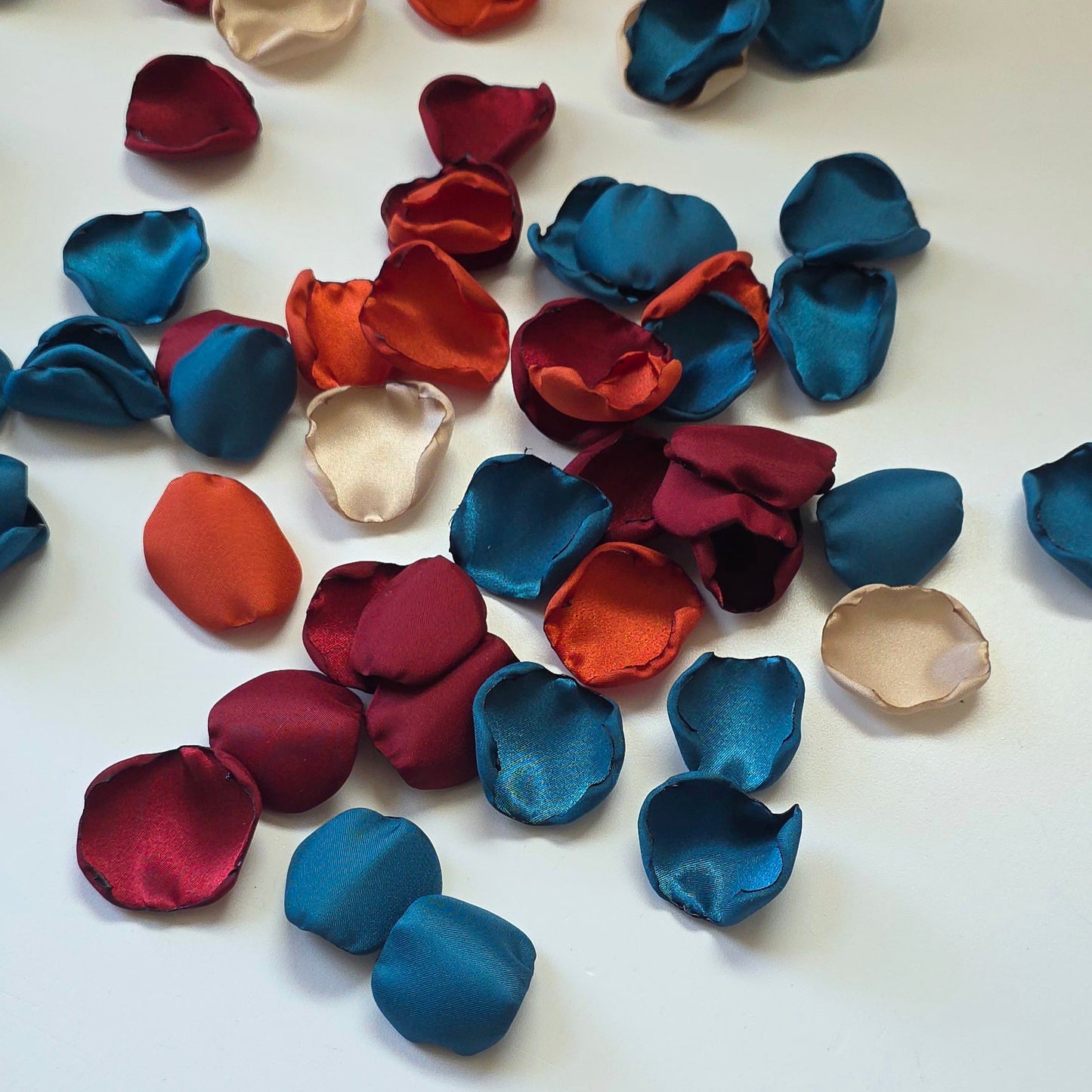Teal, Burgundy, Burnt Orange & beige rose petals for flower girl toss, baskets, table scatter, flatlays or wedding aisle decor. Perfect for future brides planning a fall jewel toned wedding, or a She's tying the Knot bridal shower event. 