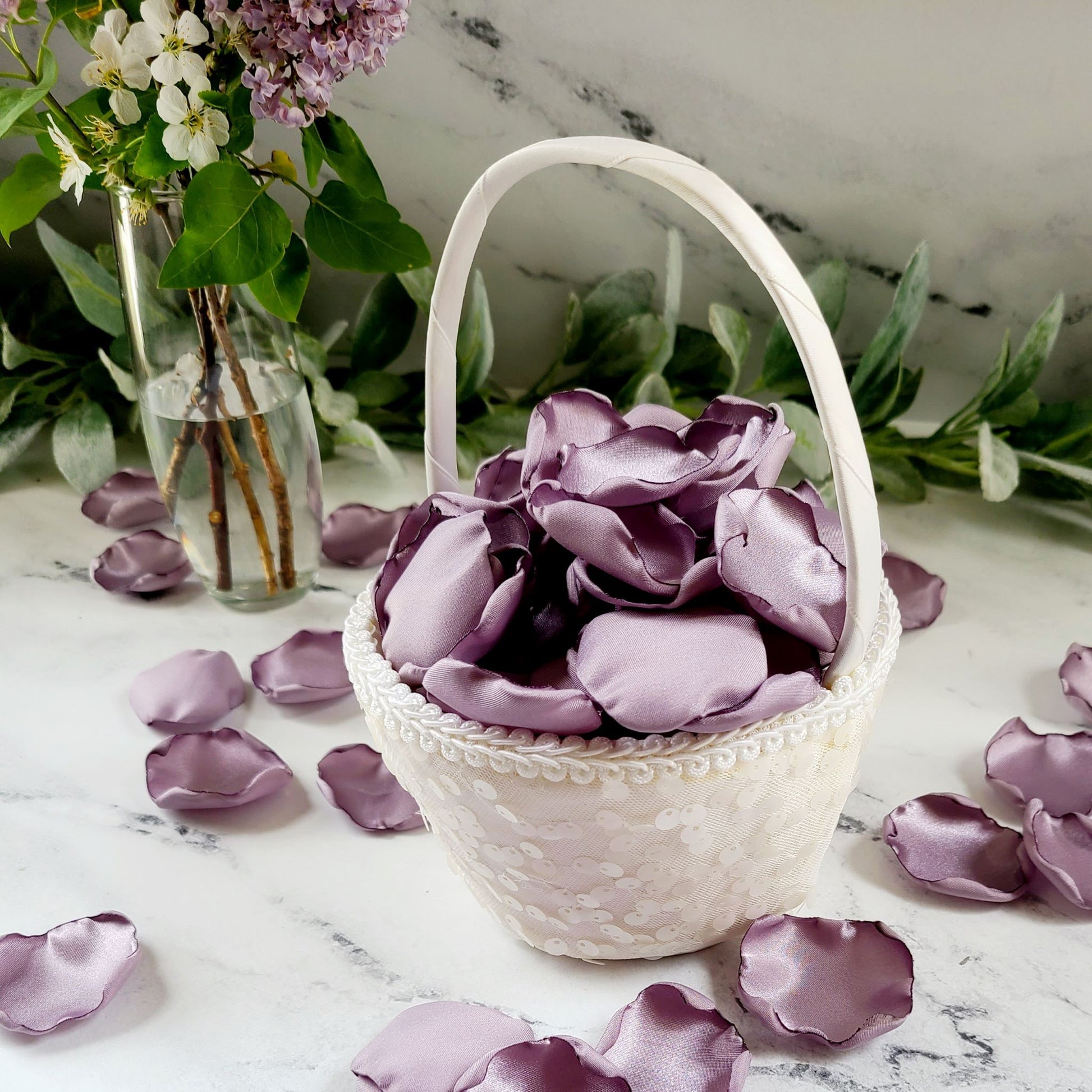 Dusty Purple Rose Petals Wedding Decor Petals, flower girl basket