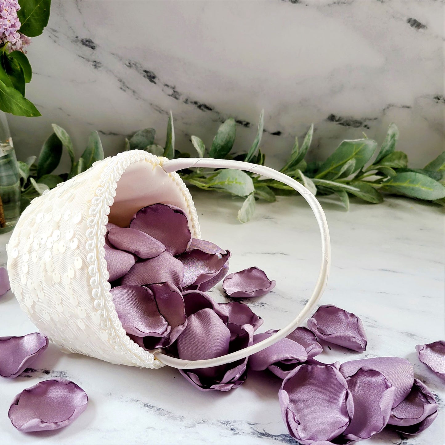 Dusty Purple Rose Petals Wedding Decor Petals, White flower girl basket
