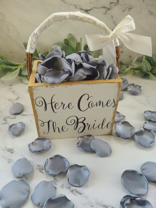 Dusty Blue rose petals filled in here comes the bride flower girl basket, flower girl petals for wedding aisle decor, cake table decorations, table confetti